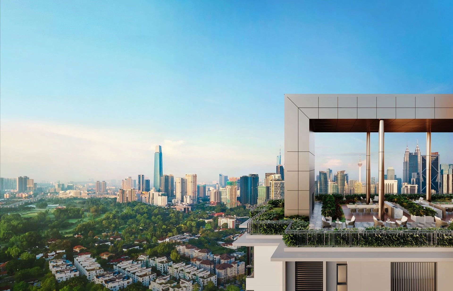 Kuala Lumpur skyline and golf-course setting in The Ashwood developer rendering